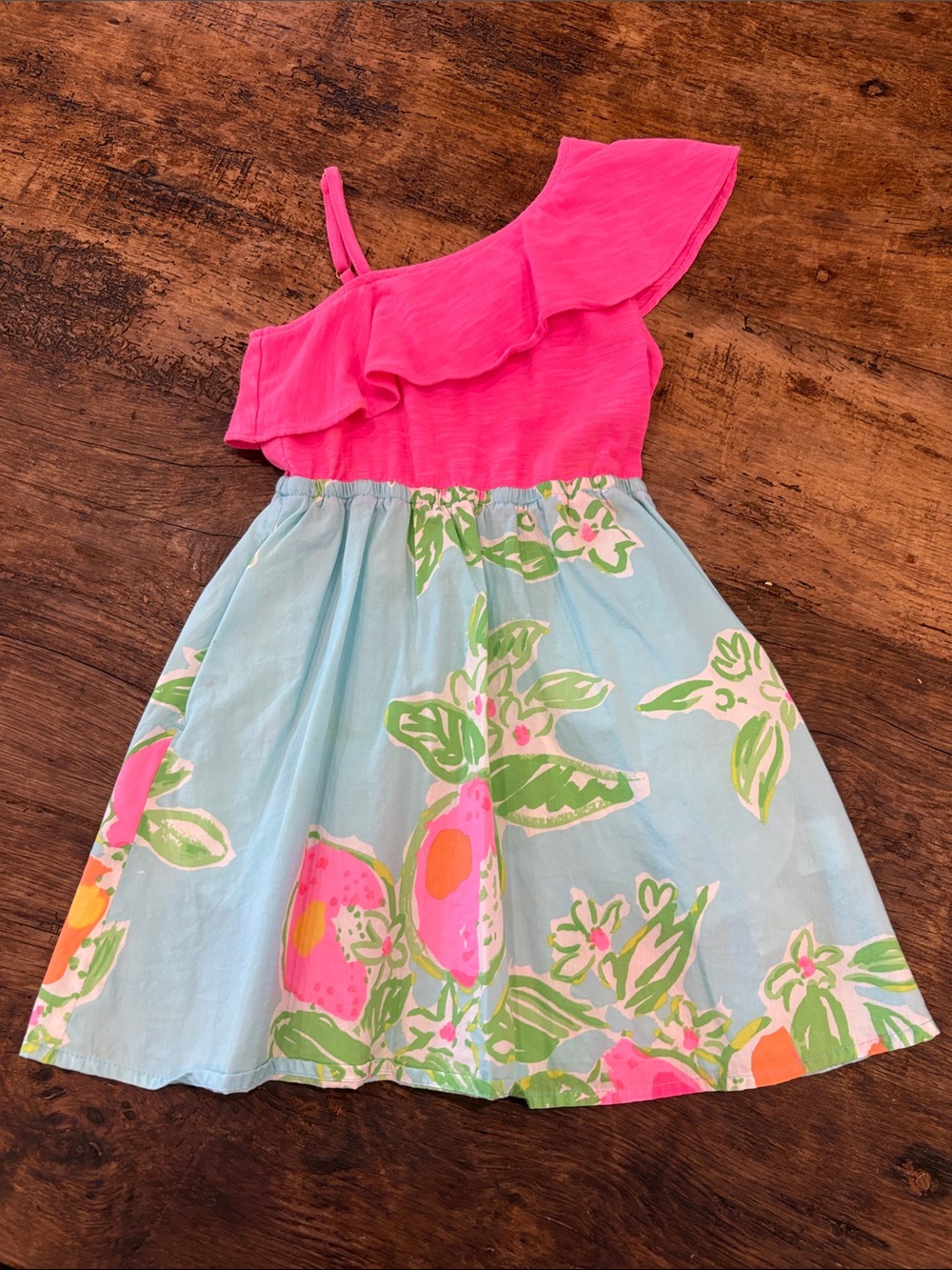 Lilly Pulitzer Runa One-Shoulder Hot Pink and Light Blue Floral dress size 4-5